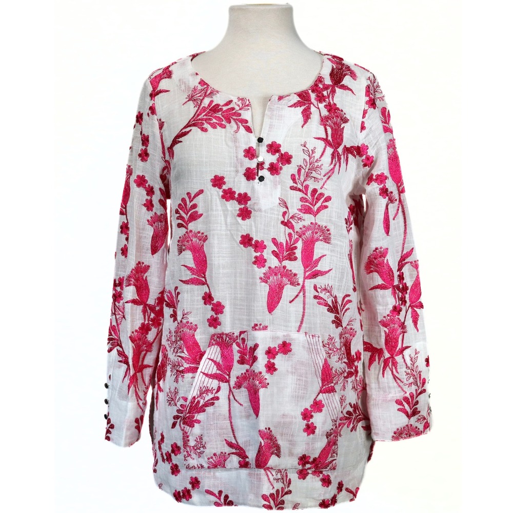 Soft Surroundings Etienne Tunic Womens M White Pink Floral Embroidered Cotton